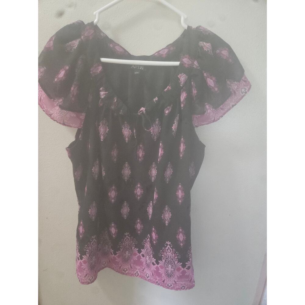 Apt. 9 Black Pink Boho Flutter Sleeve Blouse Large - Picture 2 of 6